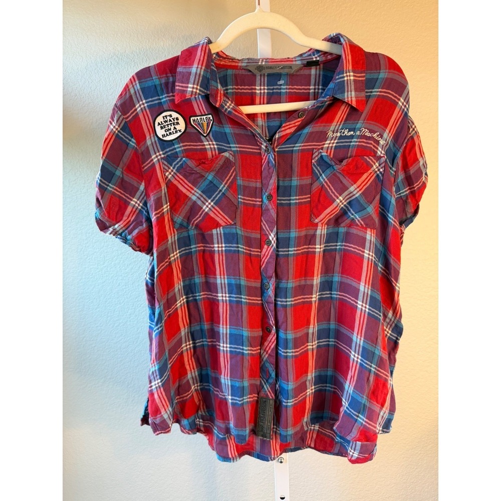Harley-Davidson Womens XL Plaid Short Sleeve Button Up Shirt Red Blue Rayon - Picture 2 of 8